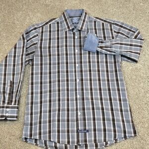 English Laundry Mens Size 16 1/2 34/35 Button Down Shirt Brown Blue Plaid